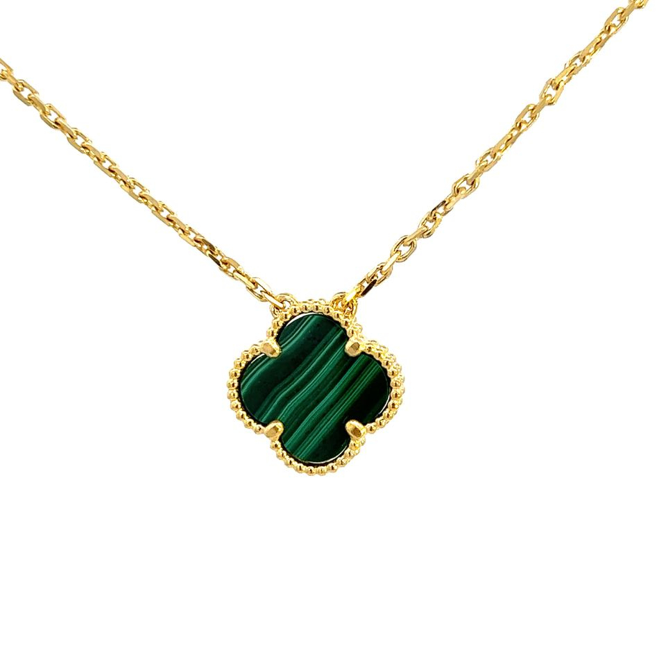 COLLIER MOTIF STYLE VAN CLEEF PIERRE EN FORME DE TREFLE 14.5MM MALACHITE OR 10K JAUNE Sindbad COLLIER MOTIF STYLE VAN CLEEF